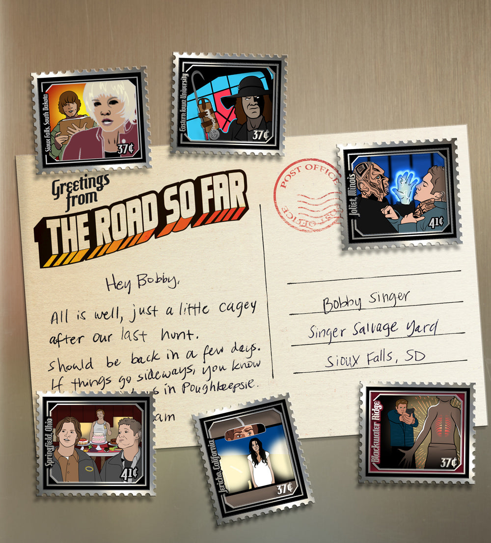 An image of a postcard written to Bobby Singer from Sam Winchester. At the top left of the postcard is text saying "Greetings from the road so far." Surrounding the postcard are stamps depicting various creepy characters from Supernatural.