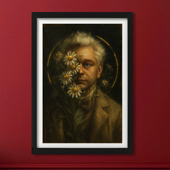 A framed lithograph against a red wall depicting the character Aziraphale  from "Good Omens." Across his face are white red flowers.