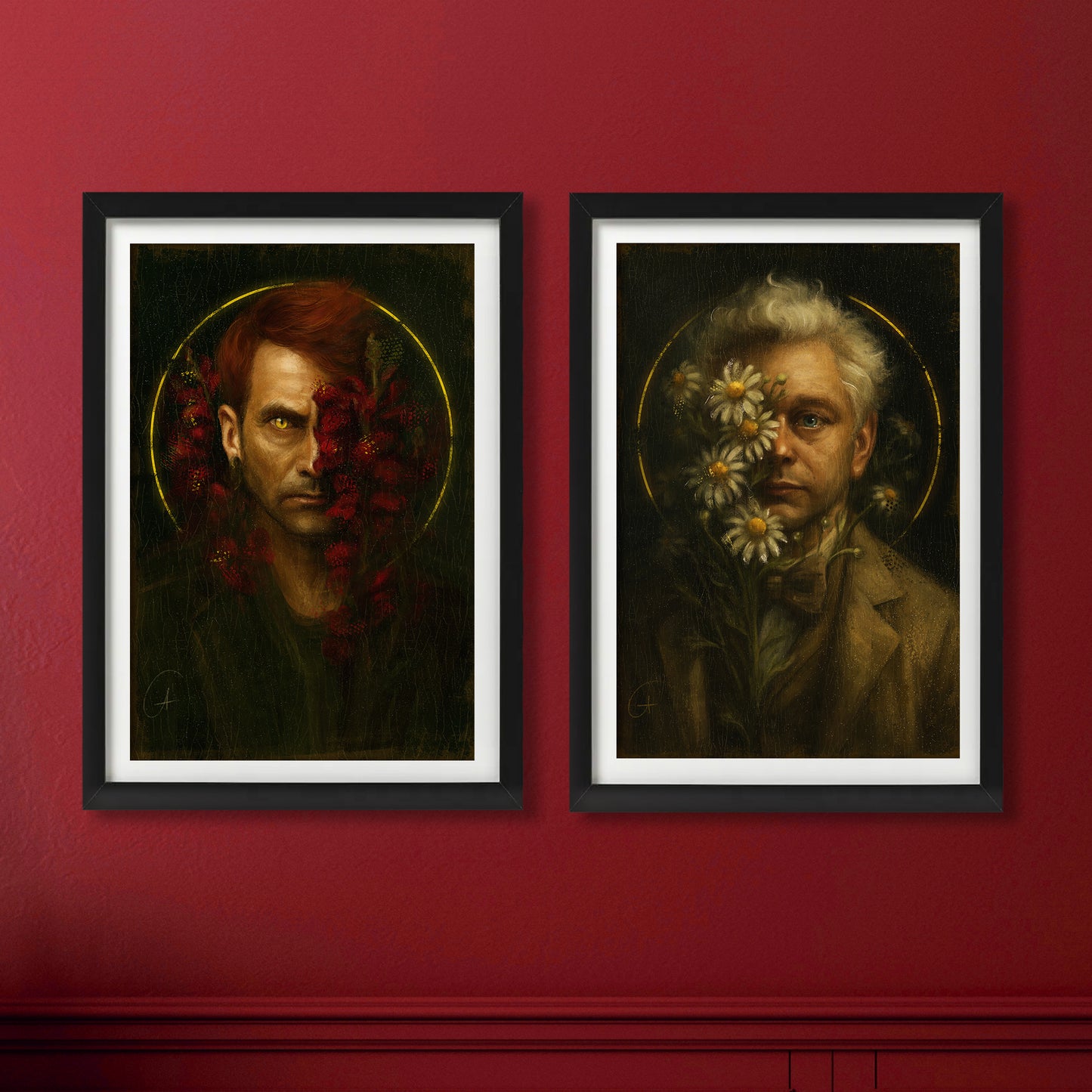 Two framed lithographs side by side on a red walls, depicting the characters Crowley and Aziraphale from "Good Omens." Crowley has red flowers across his face. Aziraphale has white flowers across his.