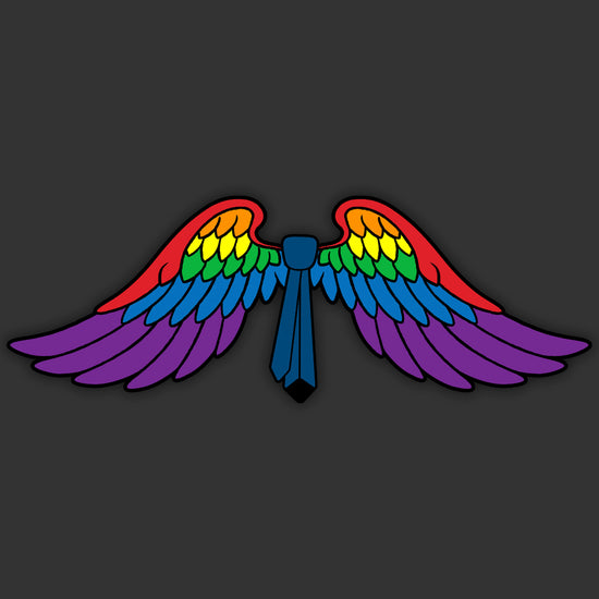 A window sticker depicting rainbow-colored angel wings and a blue necktie