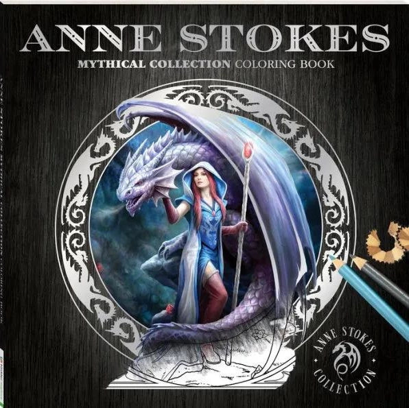 A black coloring book featuring images by Anne Stokes on the cover. In the center is a drawing of a female magic user and a purple dragon. Silver text says "Anne Stoke Mythical Collectoin Coloring Book"