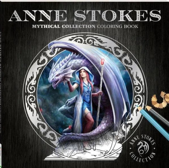 A black coloring book featuring images by Anne Stokes on the cover. In the center is a drawing of a female magic user and a purple dragon. Silver text says "Anne Stoke Mythical Collectoin Coloring Book"