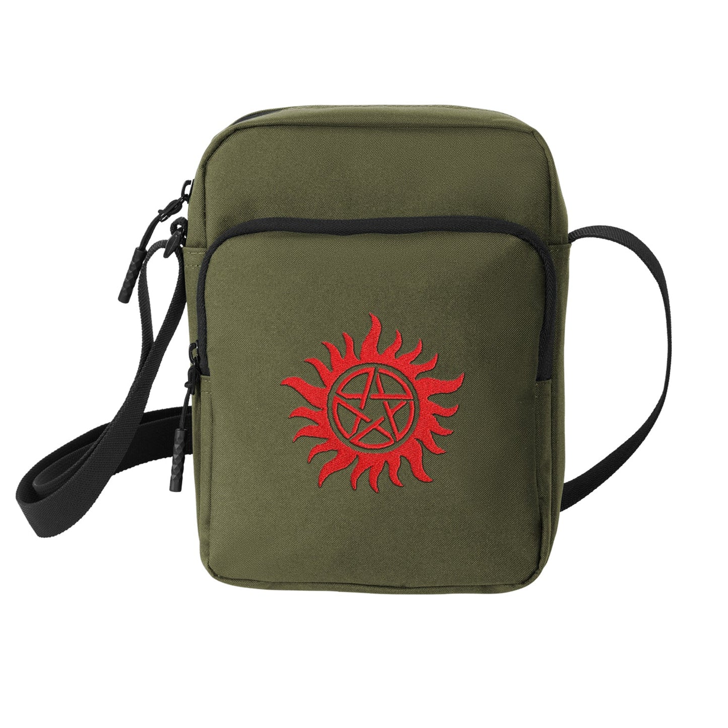 An olive green cross-body bag against a white background. On the front is the anti-possession symbol in red.