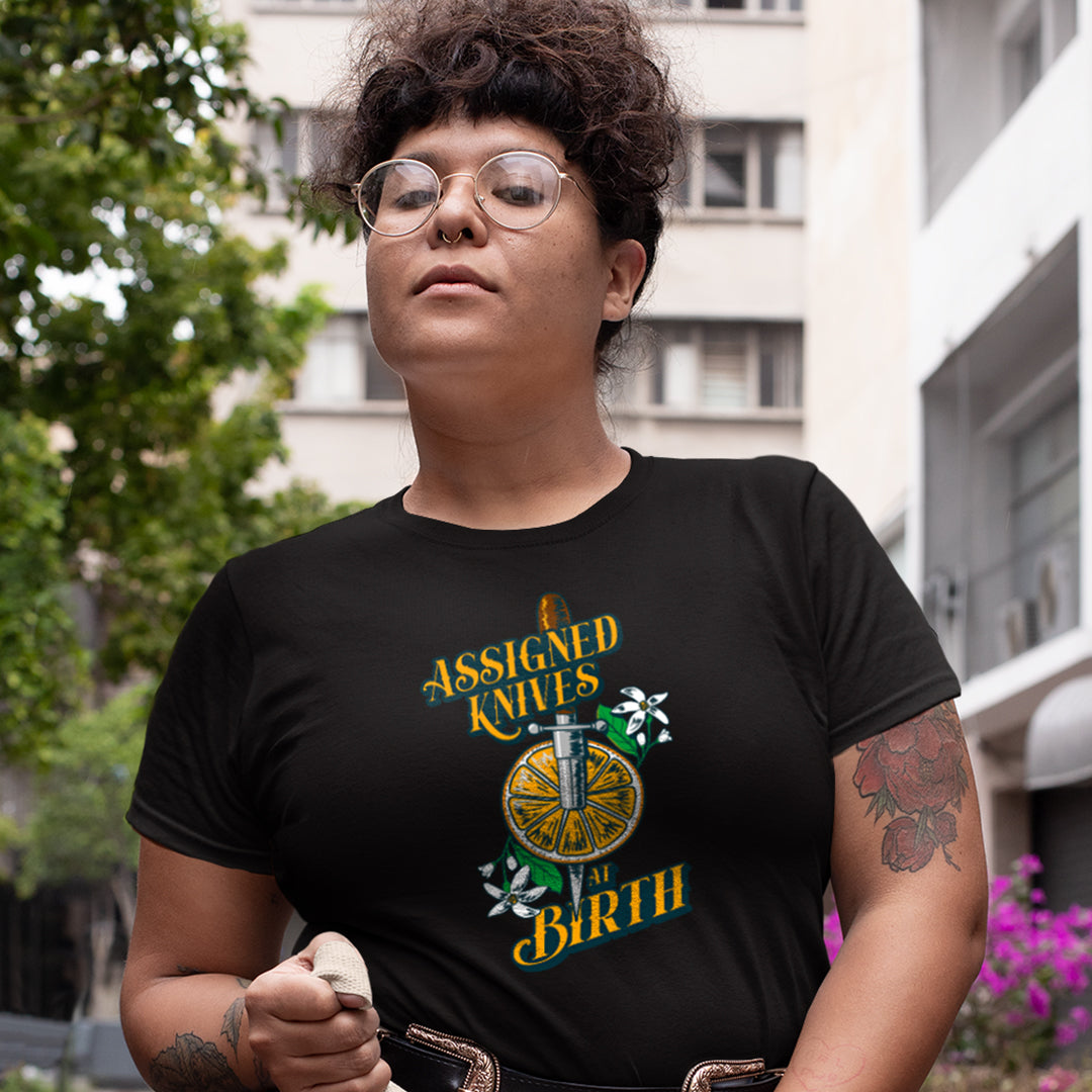 Load image into Gallery viewer, Vico Ortiz&amp;#39;s &amp;quot;Assigned Knives at Birth&amp;quot; Unisex Tee, Black

