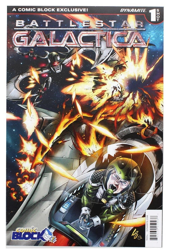A comic book depicting a space battle scene from Battlestar Galactica.