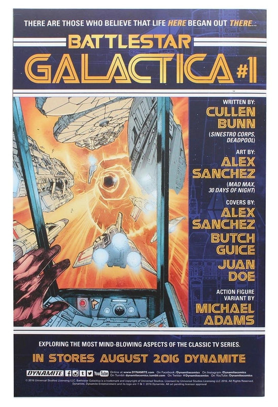 A comic book back cover depicting multiple spaceships in flight. On the right side are the names of the writers and artists.