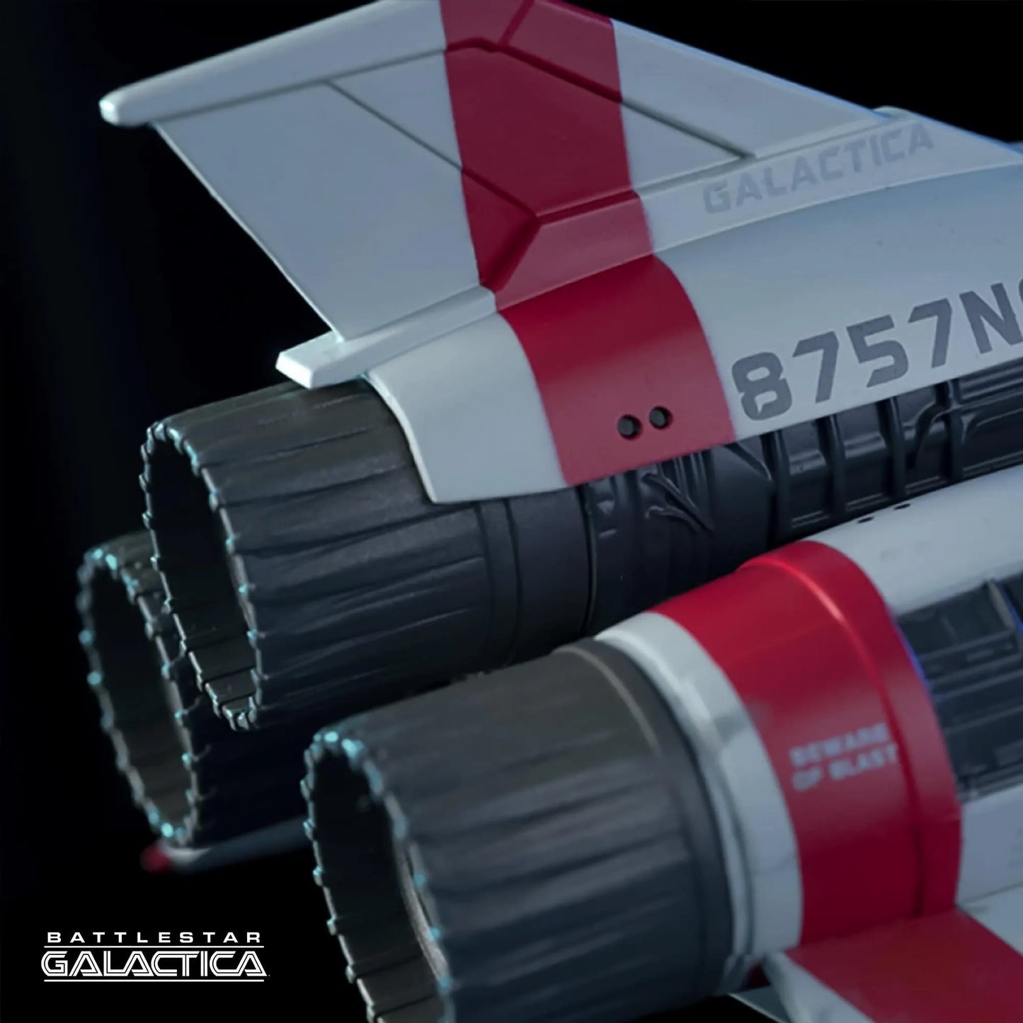 Close up view of a scale replica of Starbuck's Viper MKII from the reimagined Battlestar Galactica series