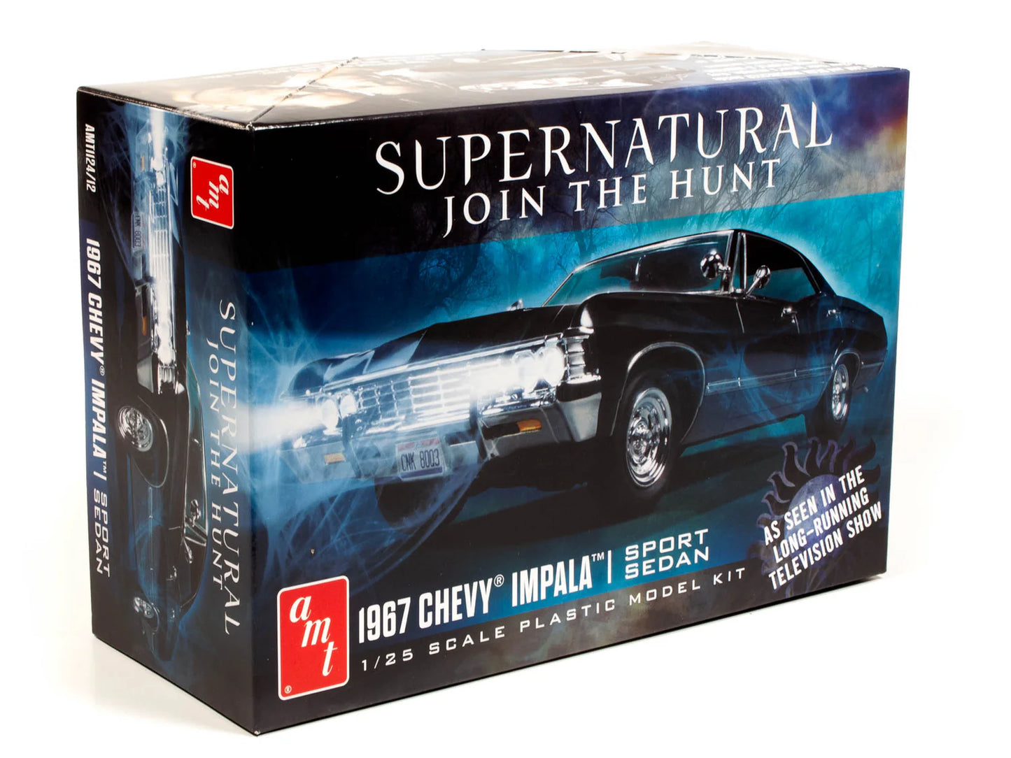 A blue and black cardboard box on a white background. The box depicts the 1967 Chevy Impala from the TV series "Supernatural" parked in front of dead trees. White text at the top and bottom says "Supernatural, join the hunt. 1967 Chevy Impala sport sedan. 1/25 scale plastic model kit."
