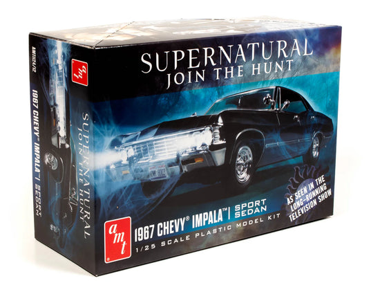 A blue and black cardboard box on a white background. The box depicts the 1967 Chevy Impala from the TV series "Supernatural" parked in front of dead trees. White text at the top and bottom says "Supernatural, join the hunt. 1967 Chevy Impala sport sedan. 1/25 scale plastic model kit."