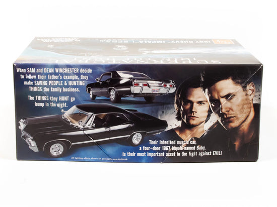 A blue and black cardboard box on a white background. The box depicts a model 1967 Chevy Impala from the TV series "Supernatural" on a blue table. Next to the Impala is an image of Sam and Dean Winchester. White text at the top and bottom corners briefly describes the car.