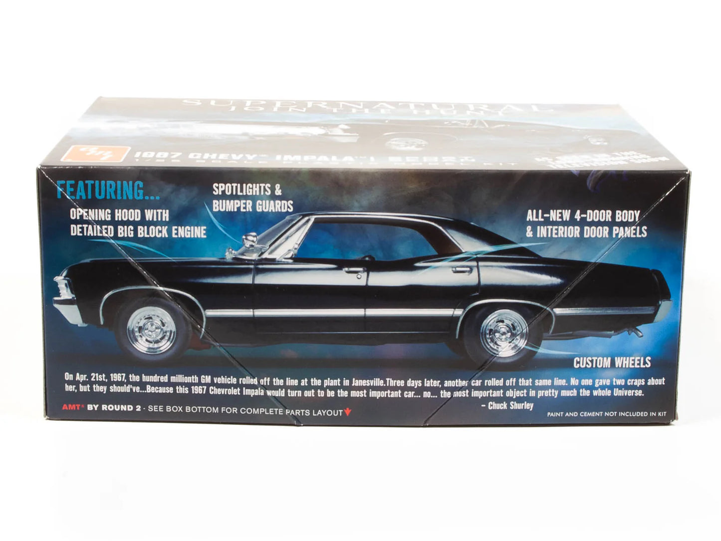 A blue and black cardboard box on a white background. The box depicts a model 1967 Chevy Impala from the TV series "Supernatural" on a blue table. White text at the top and bottom corners briefly describes features of the model.