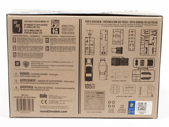 A tan colored box against a white background. Black text and images give an overview of the model kit parts included in the box.