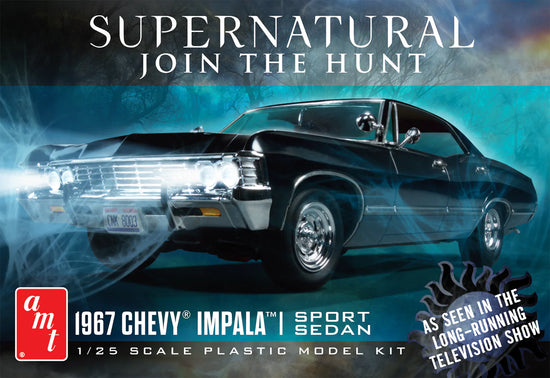 A model kit box depicting Baby, the 1967 Chevy Impala from the TV series "Supernatural," against a dark forest in the background. White text at the top says "Supernatural, join the hunt." White text at the bottom describes the kit.
