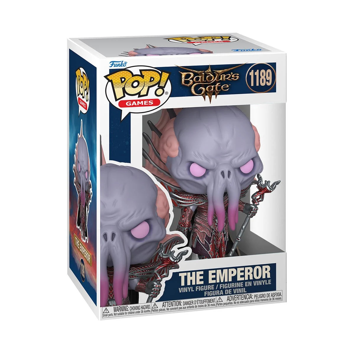 A card board box with a transparent front, containing a bobblehead figure depicting The Emperor from the game Baldur's Gate 3.