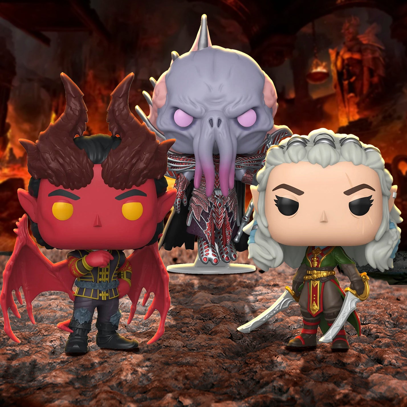 Three bobblehead figures depicting characters from Baldur's Gate on a dark background.