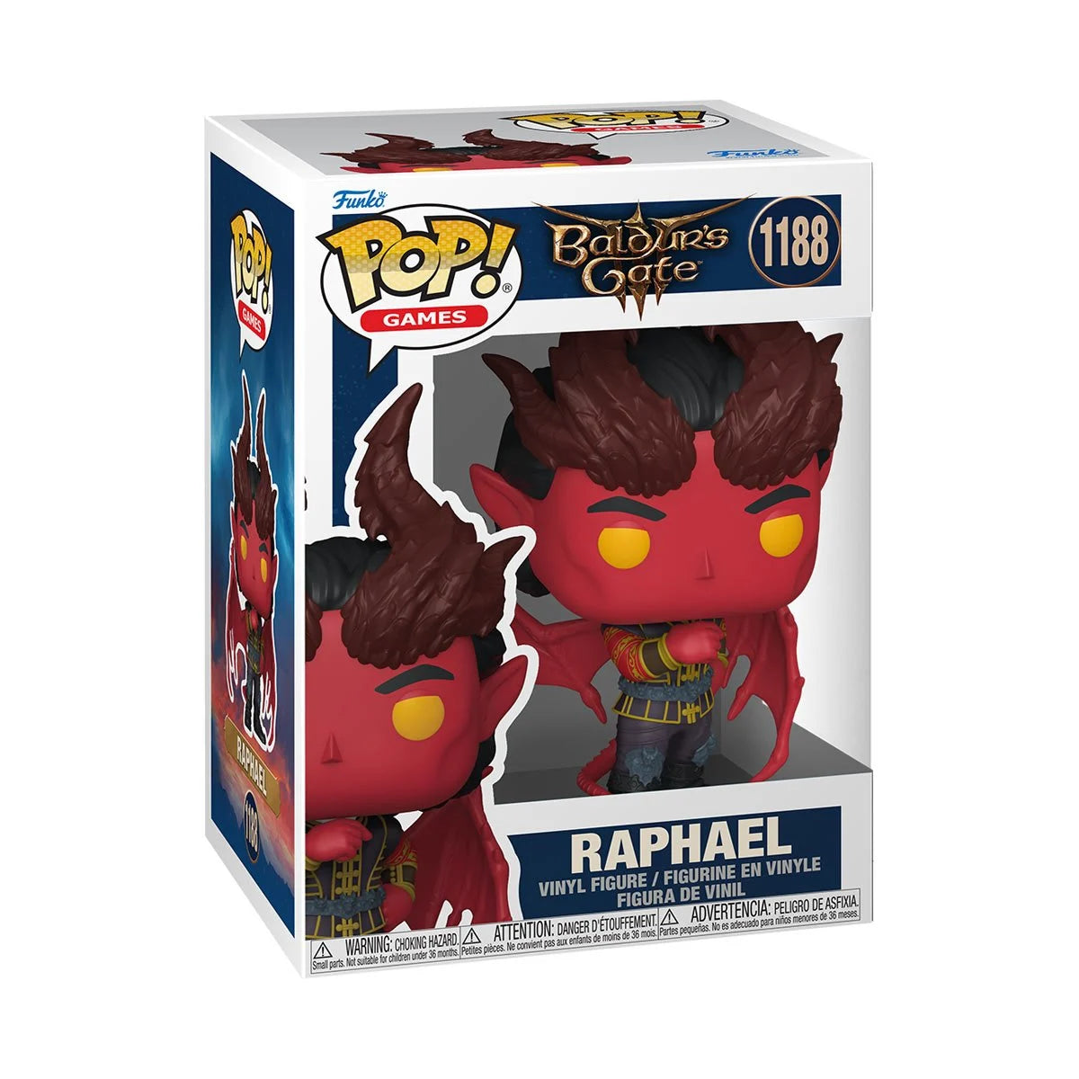 A card board box with a transparent front, containing a bobblehead figure depicting Raphael from the game Baldur's Gate 3.