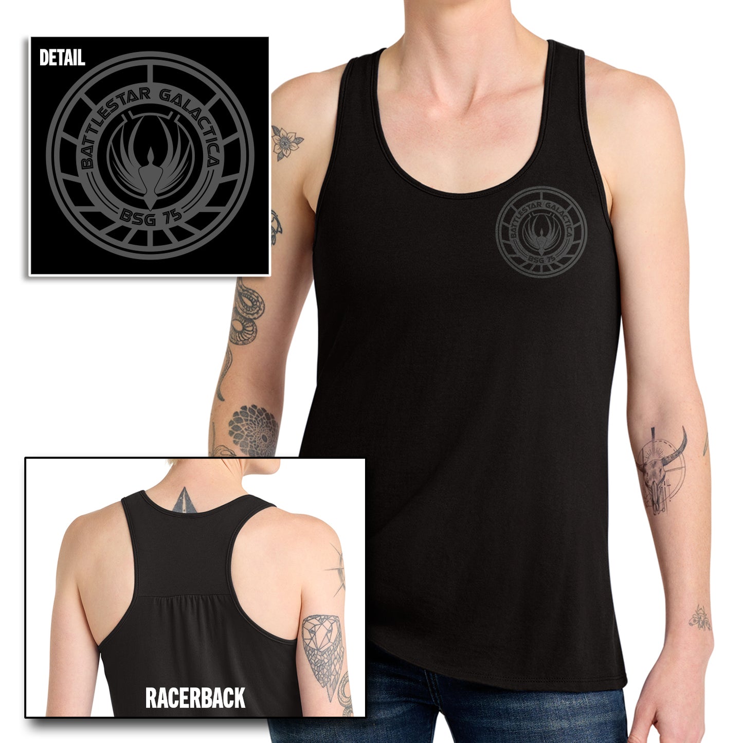 Black tank top with a logo and 'Racerback' text, worn by a person.