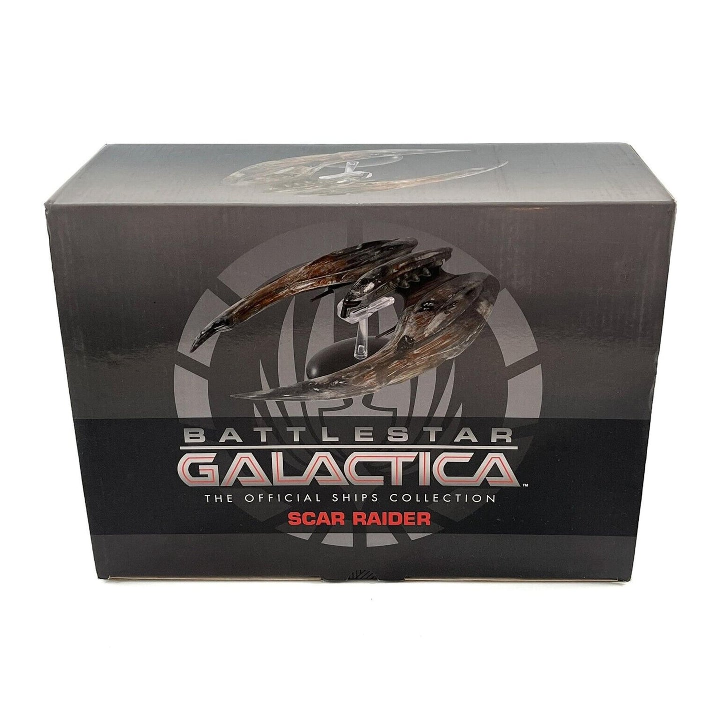 Box for Battlestar Galactica Scar Raider model ship on a white background