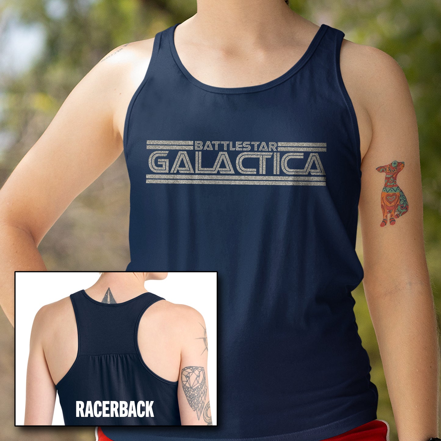 Navy tank top with 'Battlestar Galactica' logo worn by a person, with a close-up inset showing the racerback design.