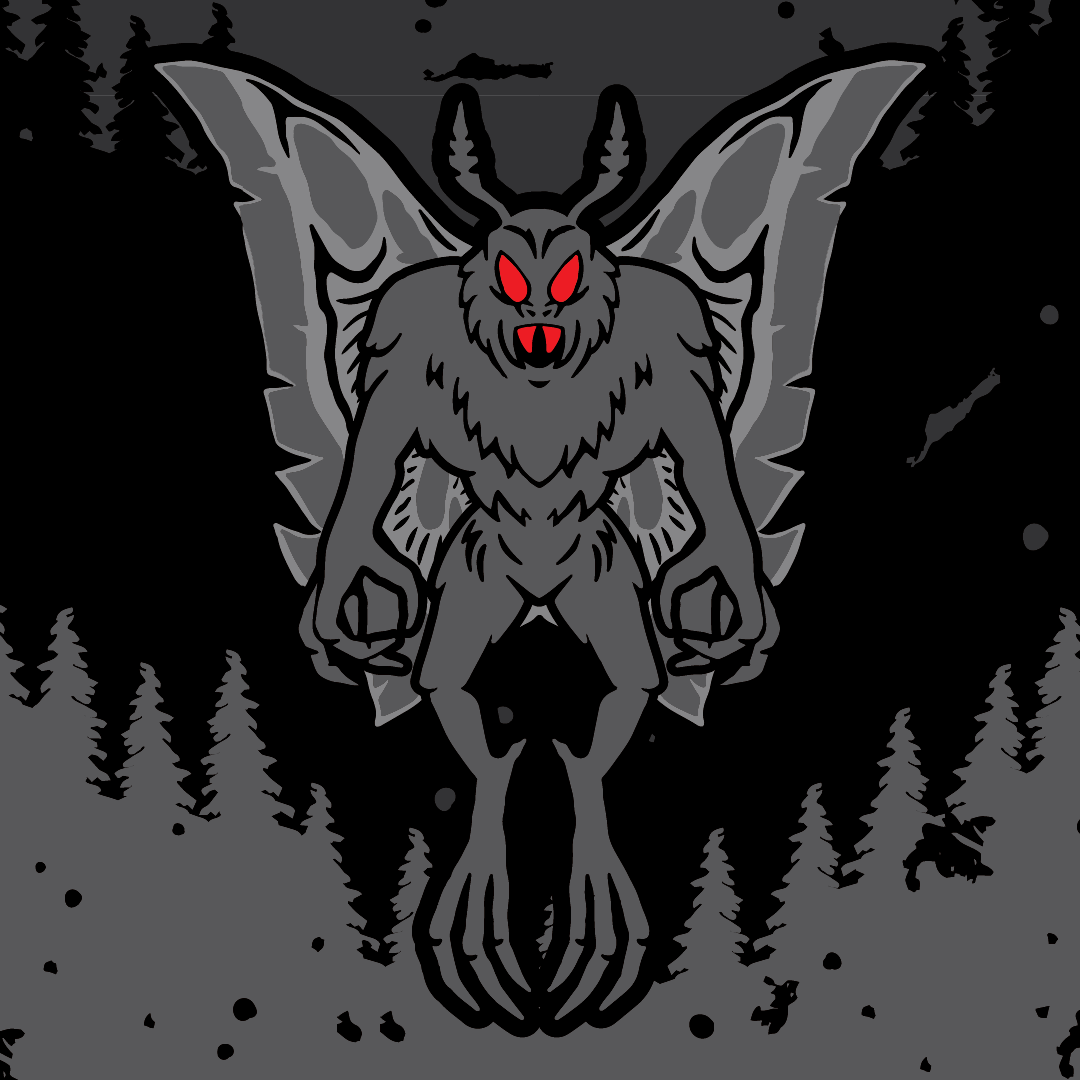 Gray Mothman with red eyes in a forest setting