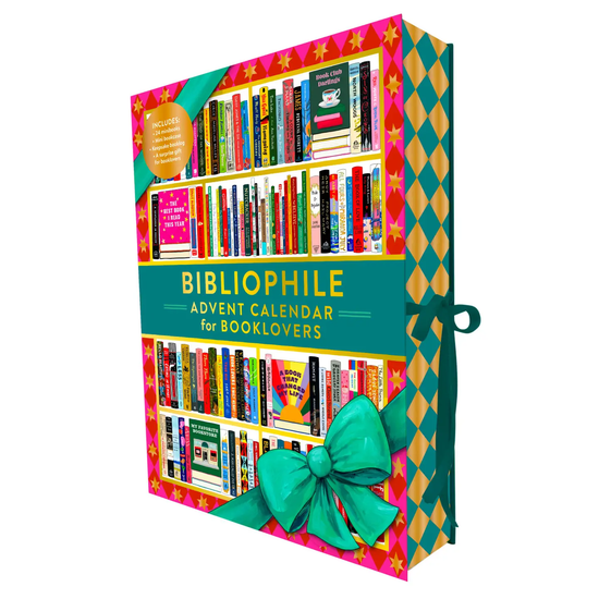 A red and green advent calendar against a white background. The front depicts shelves filled with books. Gold text says "Bibliophile, advent calendar for booklovers." A green ribbon at the edge is tied into a bow, fastening the calendar shut