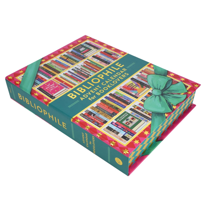 A red and green advent calendar against a white background. The front depicts shelves filled with books. Gold text says "Bibliophile, advent calendar for booklovers."