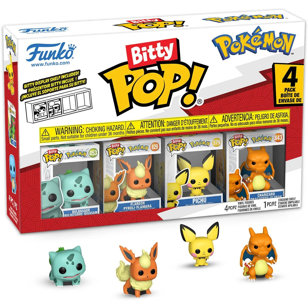 A cardboard package containing 4 minature Pokemon Funkp Pop figurines. The four figurines are at the bottom in a row, including Bulbasaur, Flareon, Pichu, and Charizard.