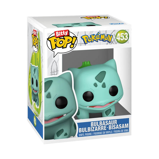 A cardboard package containing a Funko Bitty Pop! figurine of the Pokemon character Bulbasaur.