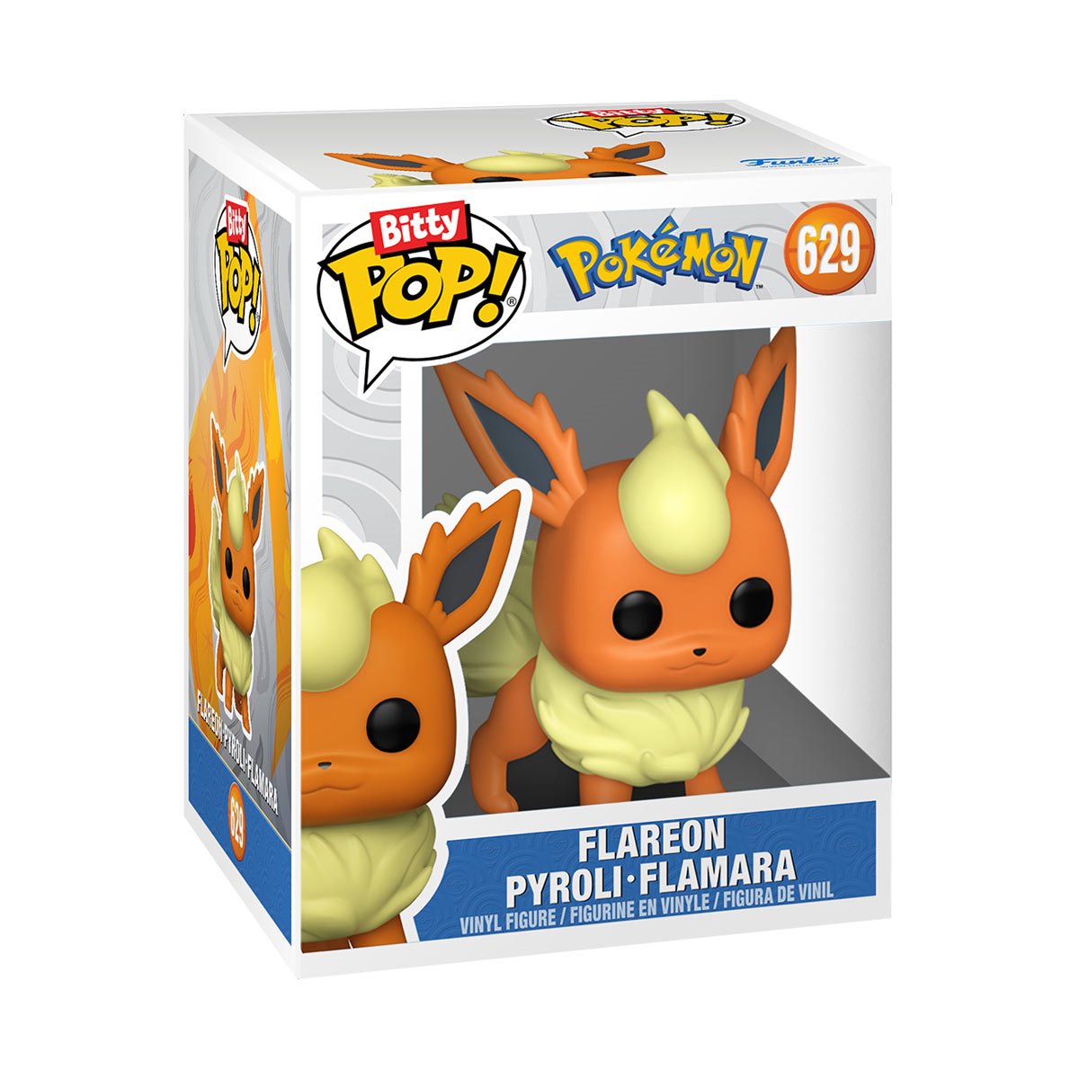 A cardboard package containing a Funko Bitty Pop! figurine of the Pokemon character Flareon.