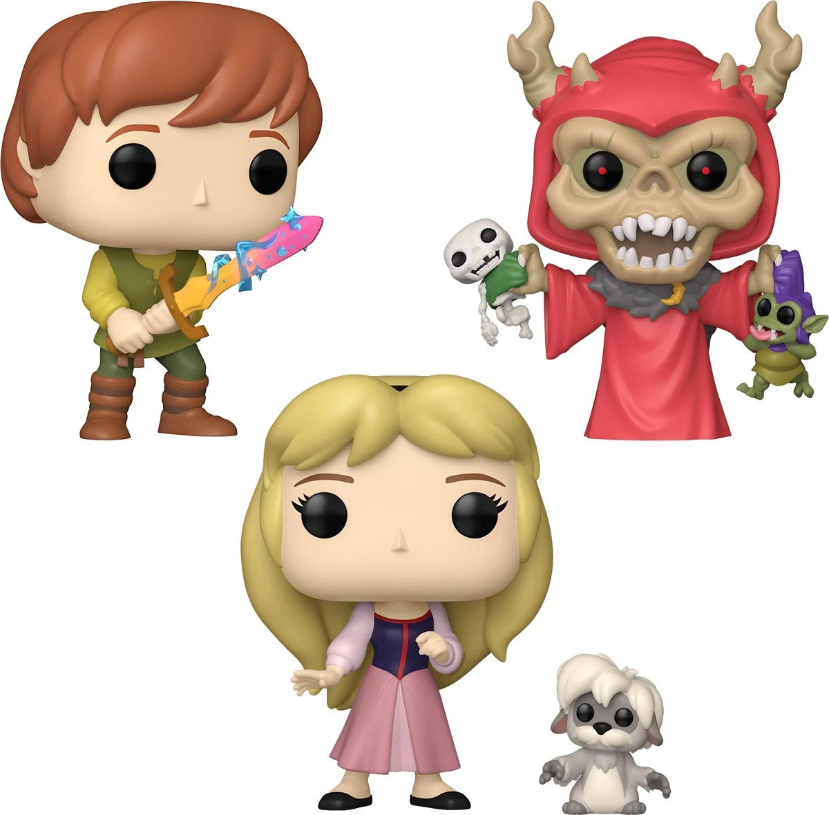 Three Funko Pop! figures depicting Taran, Eilonwy, and The Horned King from the Disney movie "The Black Cauldron."