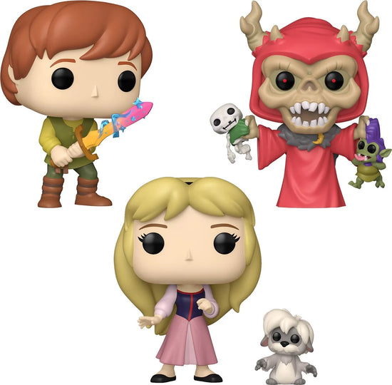 Three Funko Pop! figures depicting Taran, Eilonwy, and The Horned King from the Disney movie "The Black Cauldron."