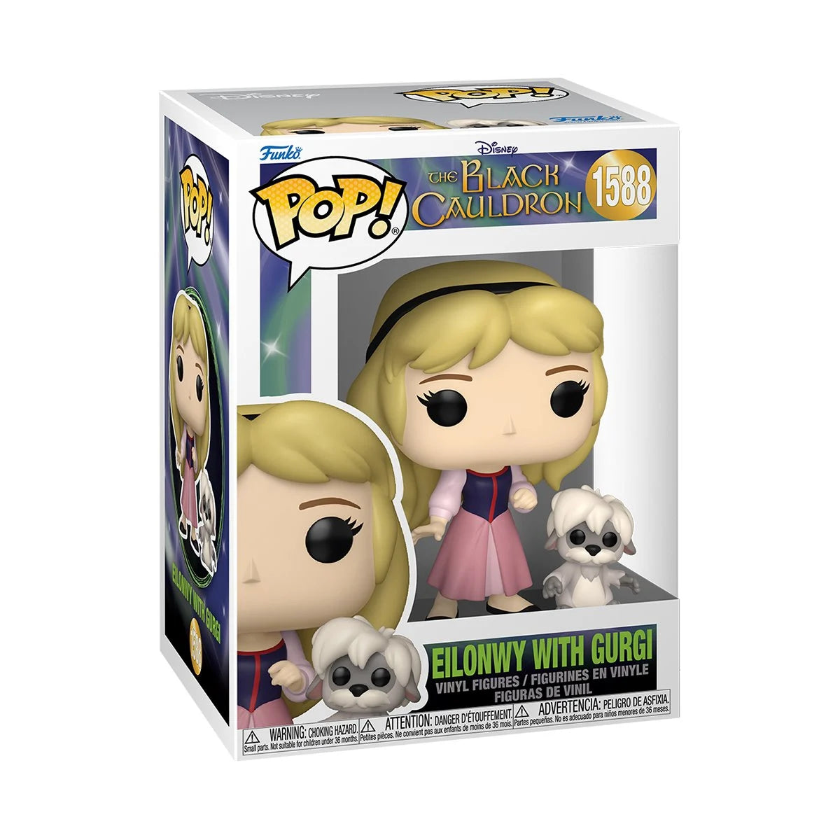 A cardboard box with a transparent front, containing a bobblehead figure depicting the character Eilonwy from The Black Cauldron. Next to her is the tiny character Gurgi.