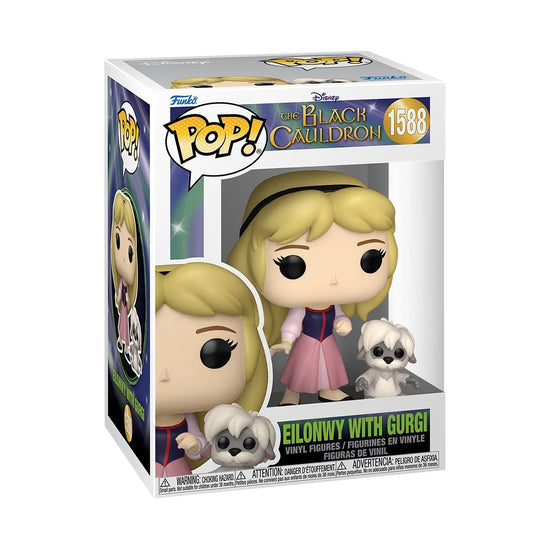 A cardboard box with a transparent front, containing a bobblehead figure depicting the character Eilonwy from The Black Cauldron. Next to her is the tiny character Gurgi.