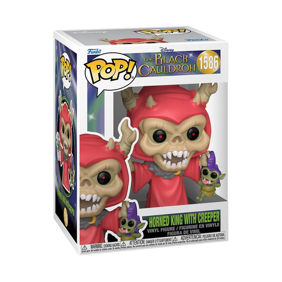 A cardboard box with a transparent front, containing a bobblehead figure depicting the character The Horned King from The Black Cauldron. He is holding two creepy figures in his hands.