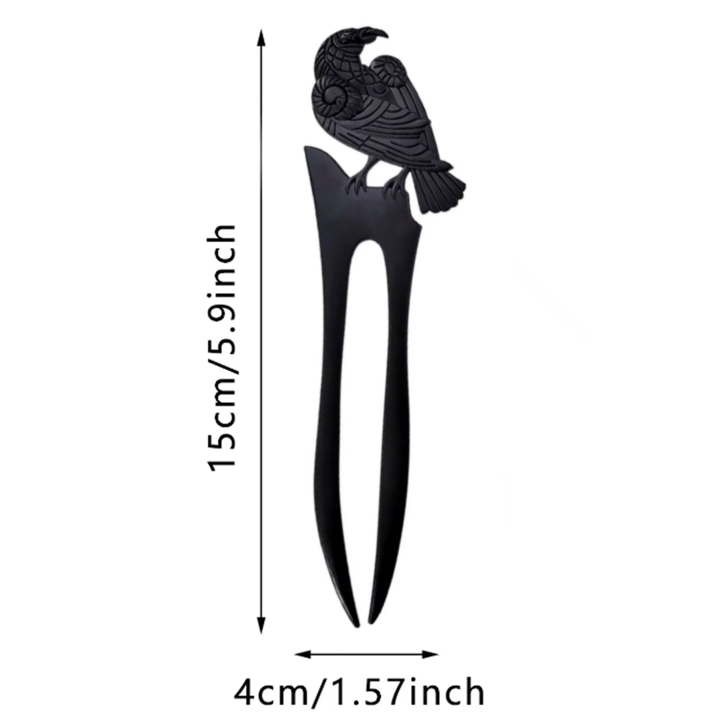 A black, two-pronged alloy hair stick against a white background. There is a black raven 'perched' on top of the hair stick, and the image reads the dimensions of the product: 1.57 inches x 5.9 inches.