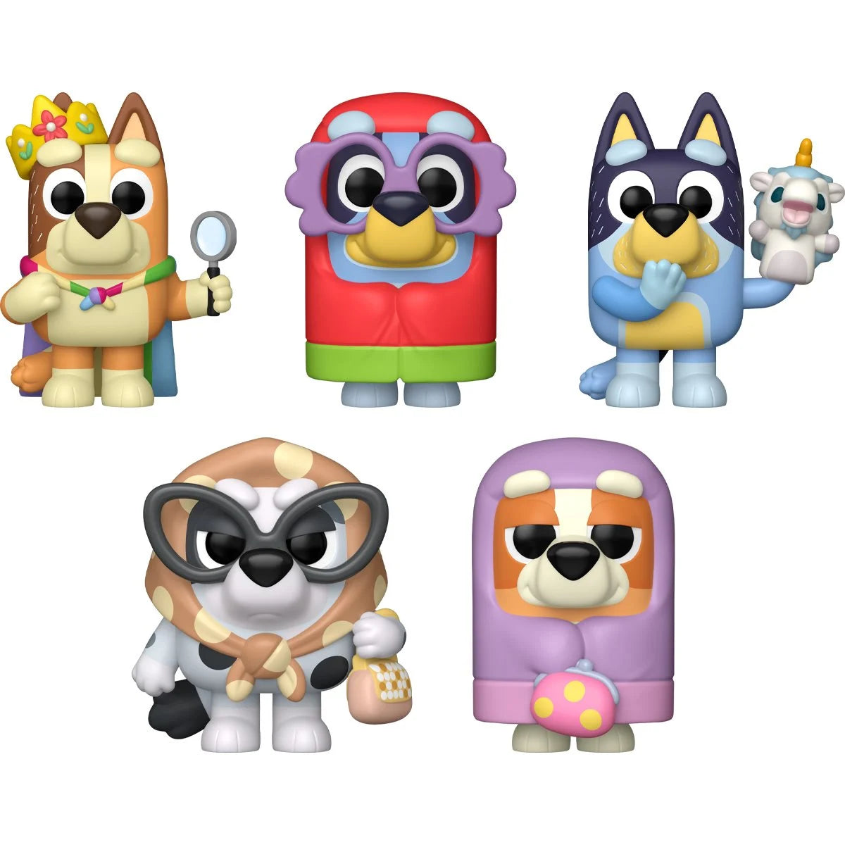 Five Bluey-inspired dog character vinyl figures arranged on a plain white background, each with a different outfit and accessory.