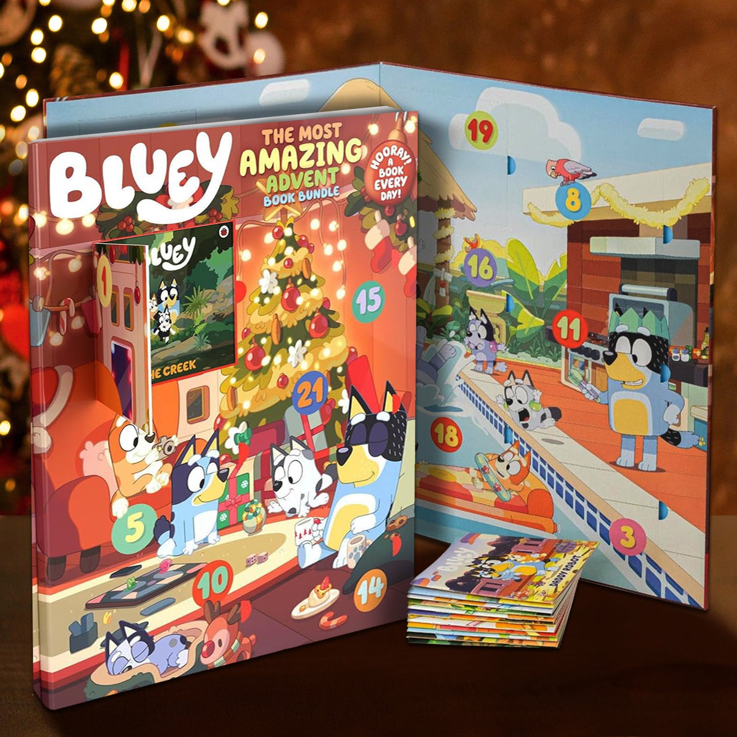Advent calendar with 'Bluey' characters and festive design on a festive background