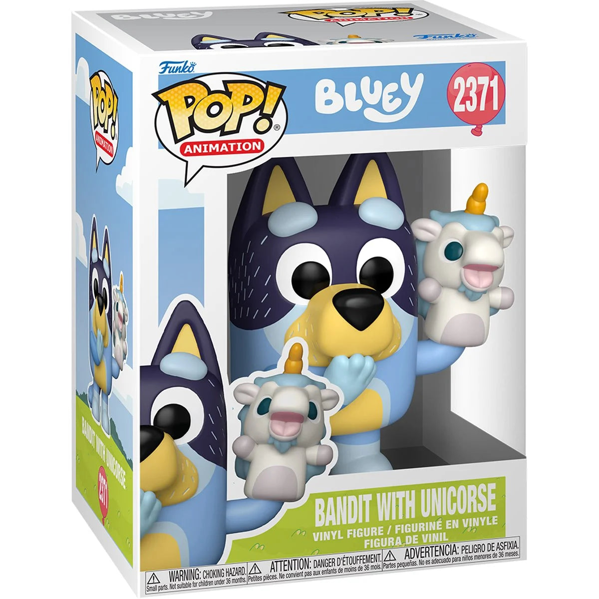 Funko Pop! vinyl figure in cardboard package, depicting Bandit and Unicorse from Bluey