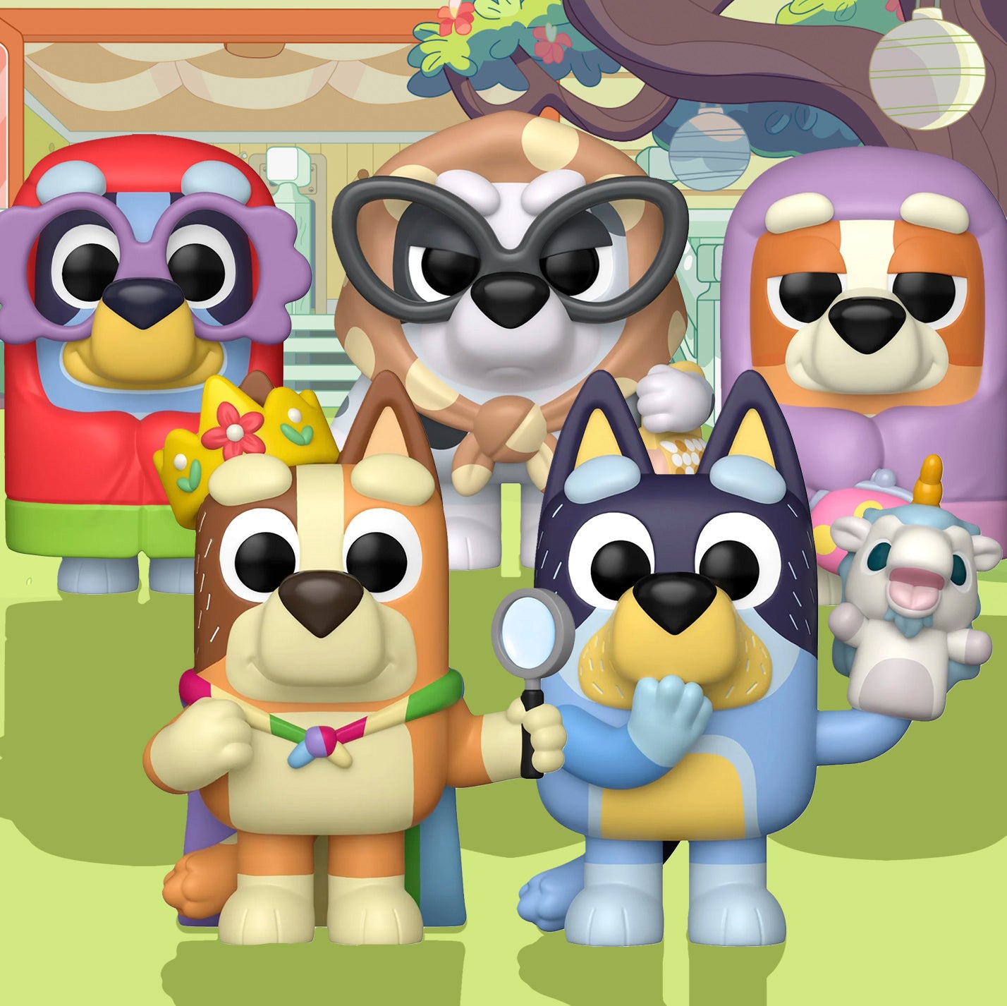 Five Bluey-inspired dog character vinyl figures arranged on a colorful background, each with a different outfit and accessory.