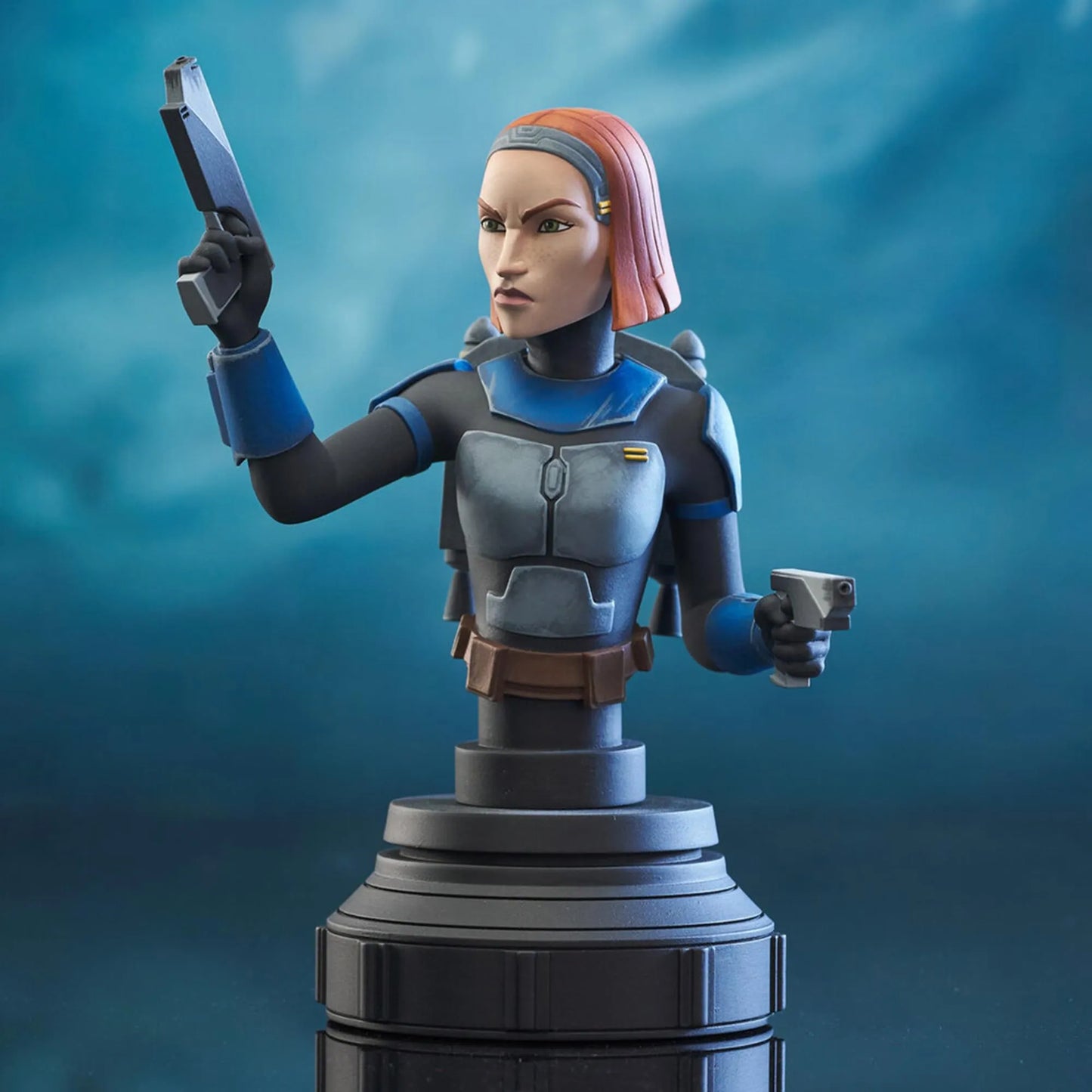 A resin bust depicting Bo-Katan from Star Wars The Clone Wars