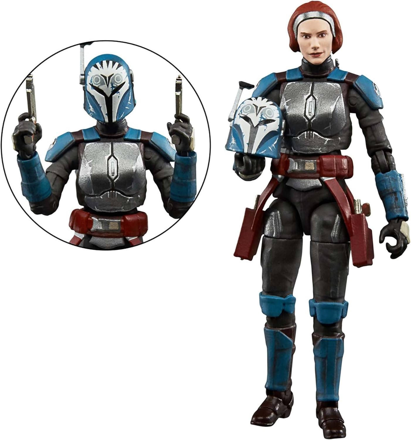 A plastic action figure depicting the character Bo-Katan Kryze from The Mandalorian. Inset is an image of Bo-Katan wearing her helmet and holding her blasters.