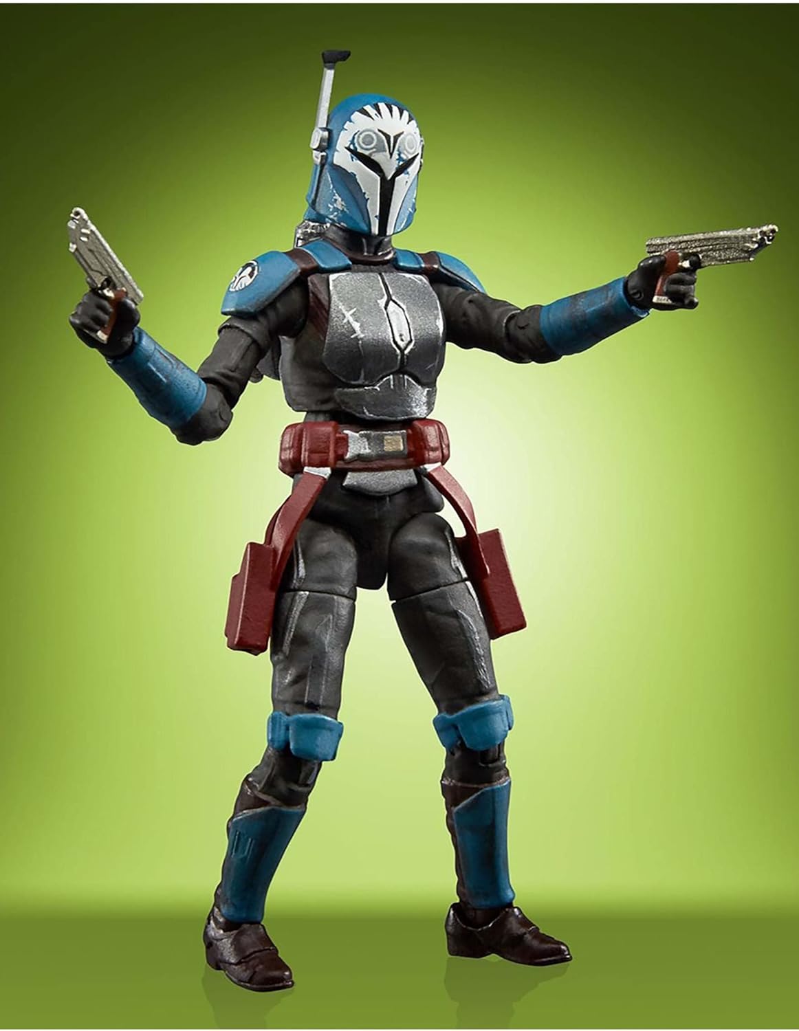 A plastic action figure depicting the character Bo-Katan Kryze from The Mandalorian, against a green background.