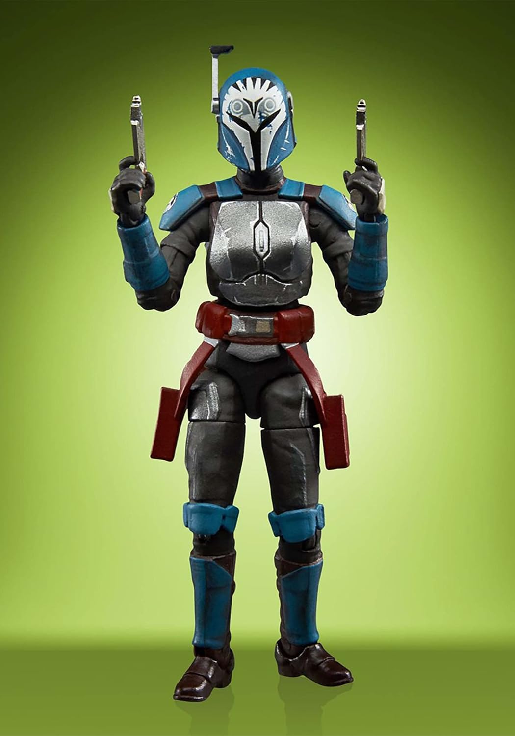 A plastic action figure depicting the character Bo-Katan Kryze from The Mandalorian, against a green background.