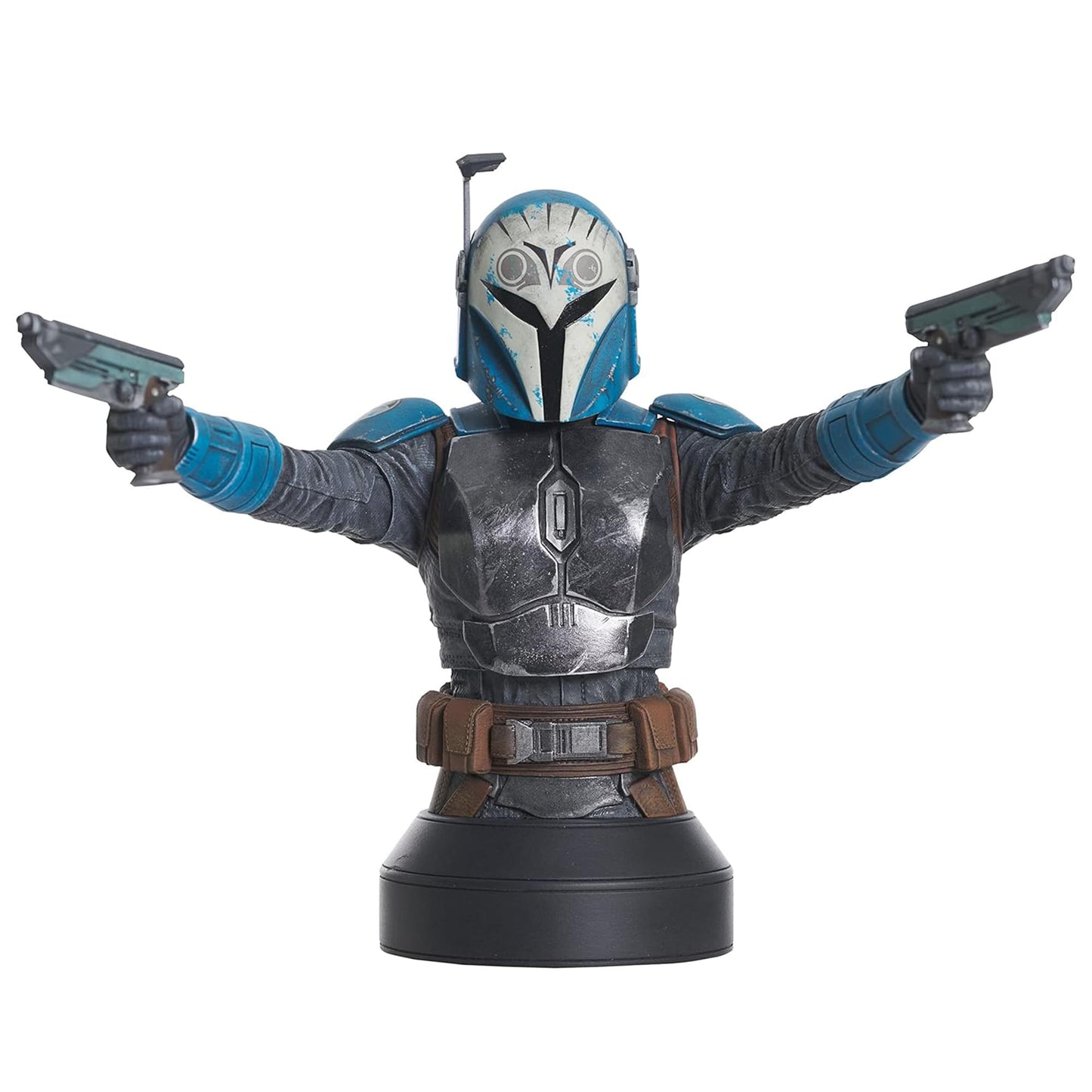 A resin bust depicting Bo-Katan Kryze in her Nite Owl armor, holding blasters in each outstretched hand.