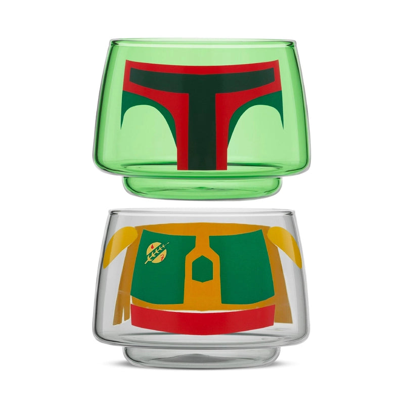 Two small drinking glasses stacked on each other against a white background. The two glasses combined depict the character Boba Fett from the Star Wars movies. White text at the top says "Star Wars." The two glasses are slightly separated from each other.