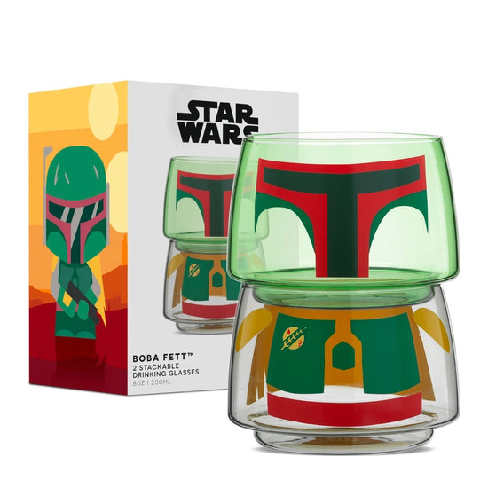 Two small drinking glasses stacked on each other against a white background. The two glasses combined depict the character Boba Fett from the Star Wars movies. White text at the top says "Star Wars." Next to the stacked glasses is a box depicting the set.