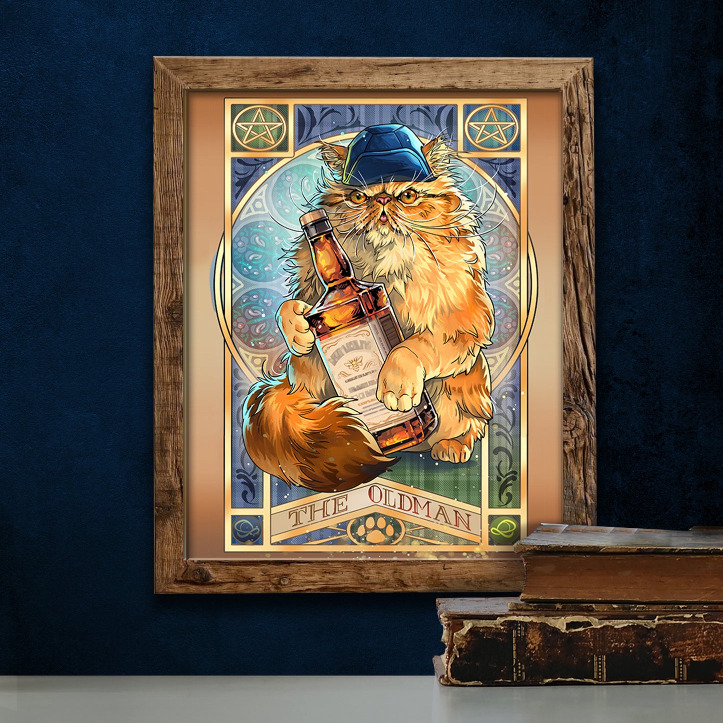 Framed artwork of a cat holding a bottle with decorative elements on a dark blue background.