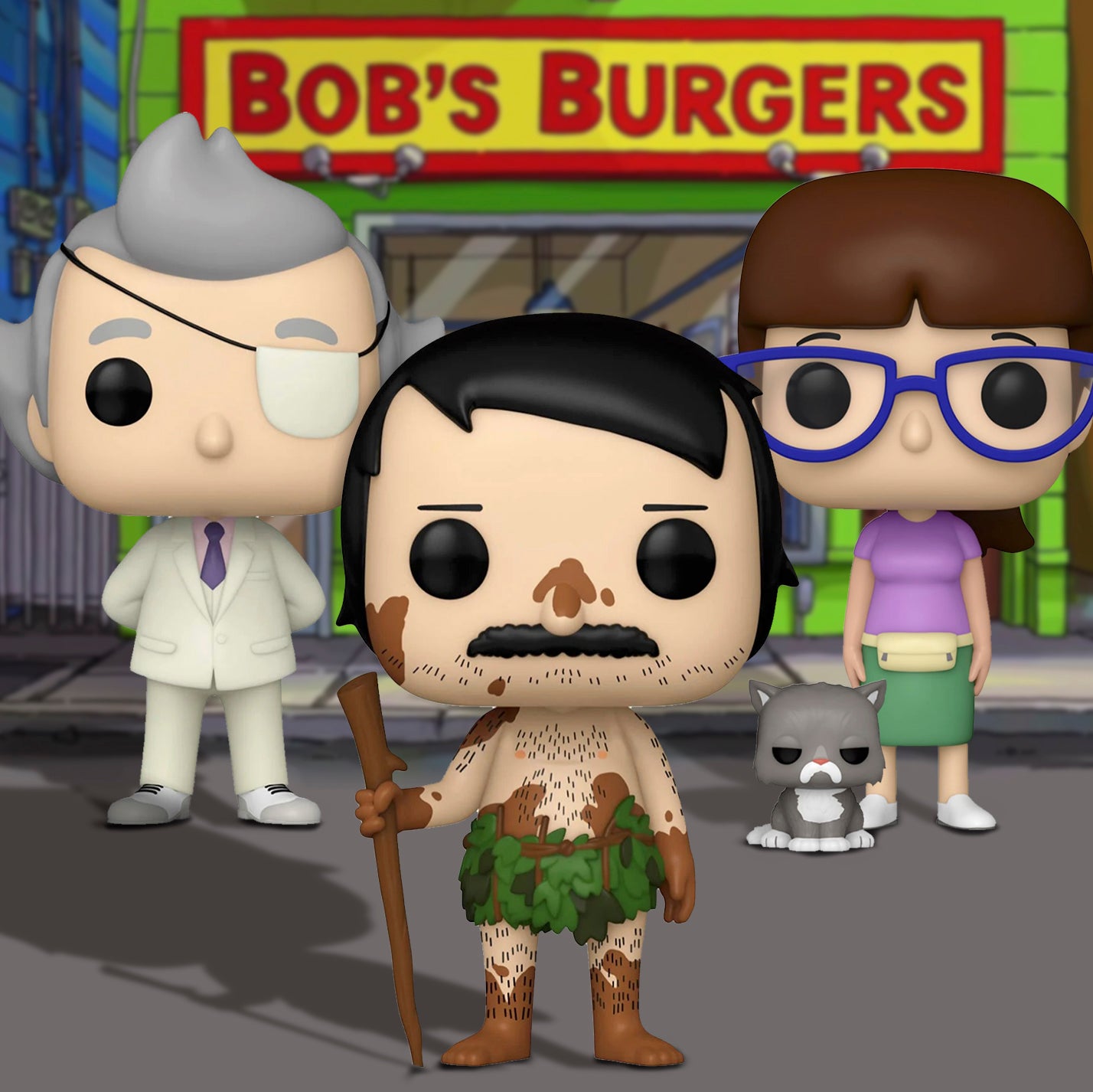 Three Funko Pop figures depicting characters from the cartoon Bob's Burgers. Behind them is the Bob's Burgers shop.