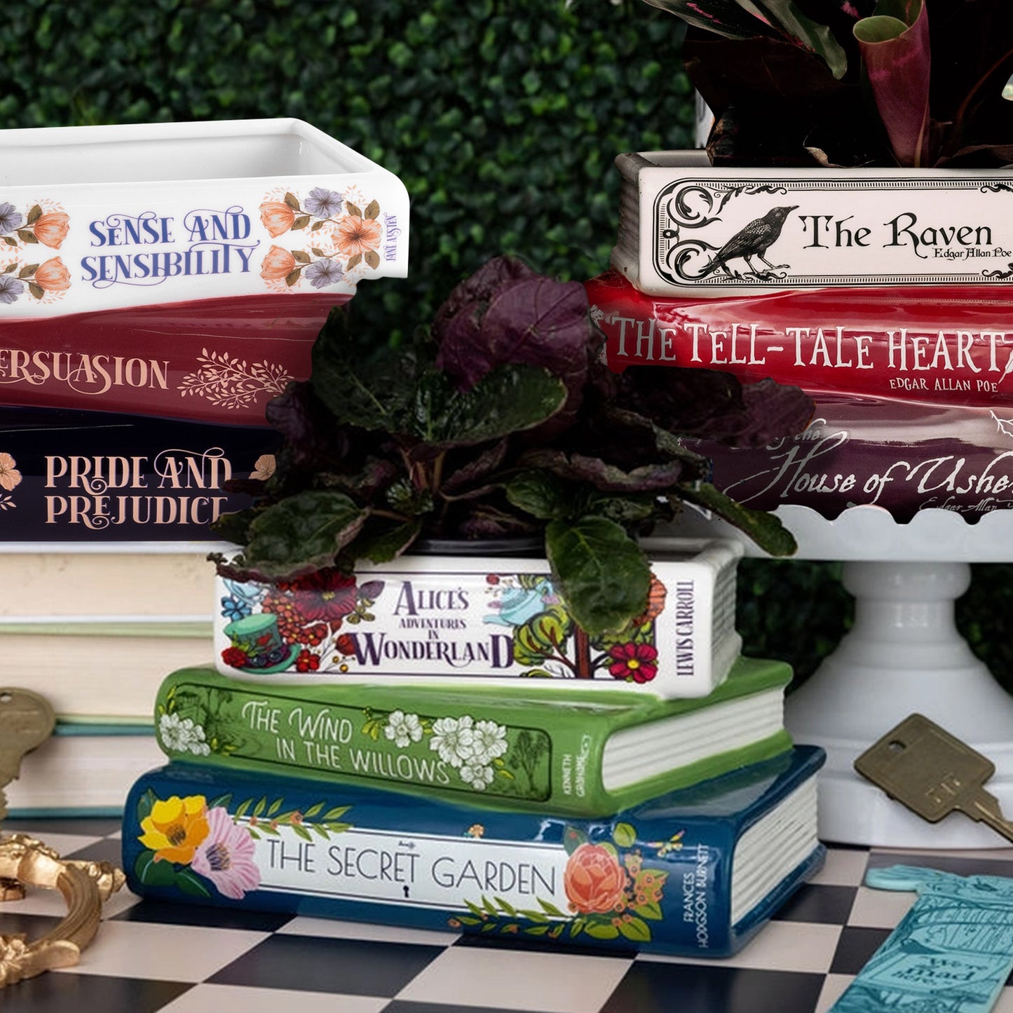 Stack of books with decorative covers on a checkered surface