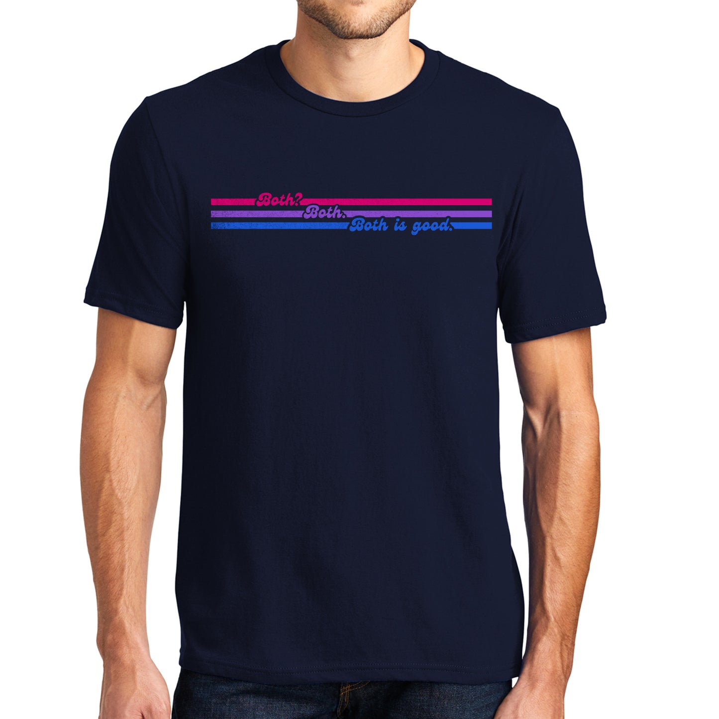 A male model wearing a black T-shirt. The shirt has three parallel lines. The top line is red with the word "Both?" on the left side. The middle line is purple with the word "Both." at the center. The bottom line is blue with the words "Both is good" on the right.